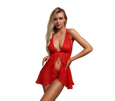 Романтичная сорочка с кружевом и застёжкой спереди красная (Muse) (S/M)