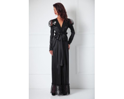 Amoralle Платье-халат запахом с кристаллами черное Sheer Shoulder Satin Robe S
