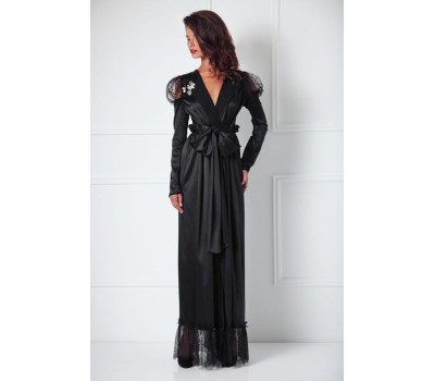 Amoralle Платье-халат запахом с кристаллами черное Sheer Shoulder Satin Robe S