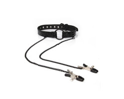 КЛЯП - КОЛЬЦО С ЗАЖИМАМИ НА СОСКИ "O RING GAG WITH CLIPS" цвет чёрный арт. EK-31