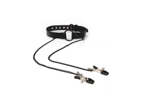 КЛЯП - КОЛЬЦО С ЗАЖИМАМИ НА СОСКИ "O RING GAG WITH CLIPS" цвет чёрный арт. EK-31