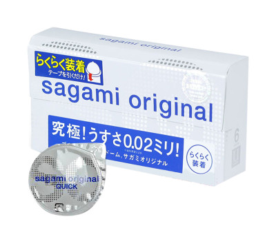 **SAGAMI Original Quick 002 - 6шт Полиуретановые Презервативы 0,02 мм, быстронадеваемые с язычком