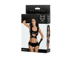 Комплект Glossy из материала Wetlook (топ, мини-шорты и перчатки), черный, S-foto8