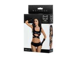 Комплект Glossy из материала Wetlook (топ, мини-шорты и перчатки), черный, S-foto8