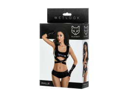 Комплект Glossy из материала Wetlook (топ, мини-шорты и перчатки), черный, S