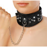 Широкий ошейник с кольцом и клепками цвет черный кожа