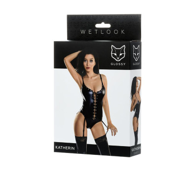 Боди Glossy KATHERIN из материала Wetlook на шнуровке, черное, XL